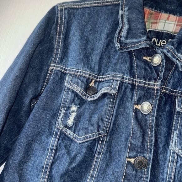 Rue21 Distressed Medium Wash Denim Jacket L/S Rip Torn Style Plaid Lining Size M - Picture 4 of 10